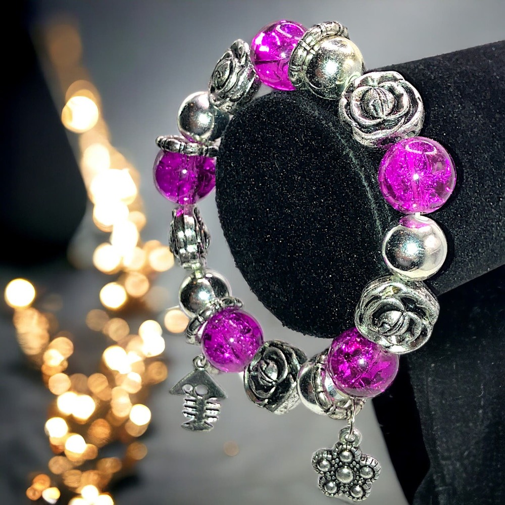 Purple Crystals Silver-Tone Beaded Charm Bracelet!